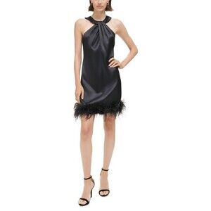 Eliza J Women’s Twist-Neck Feather Trim Shift Dress, Black, Size 12
